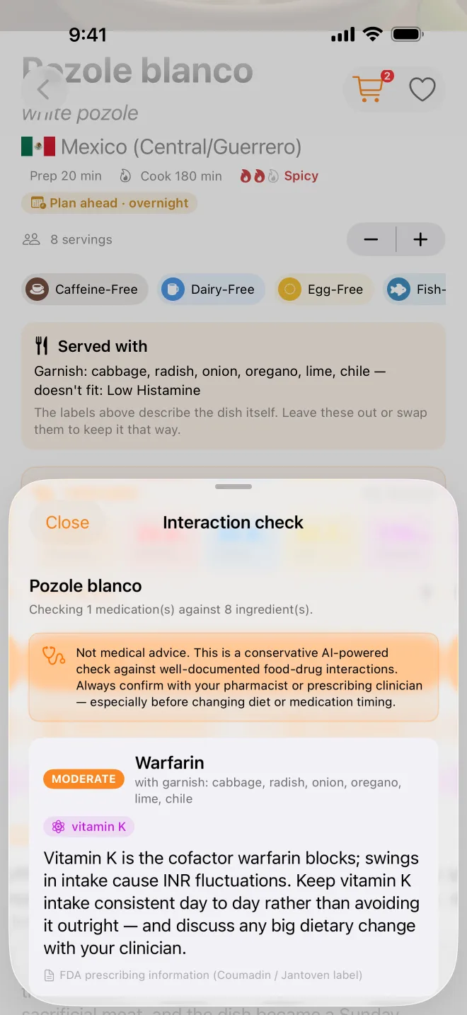 A medication check warning that the cabbage in pozole blanco can interact with warfarin.