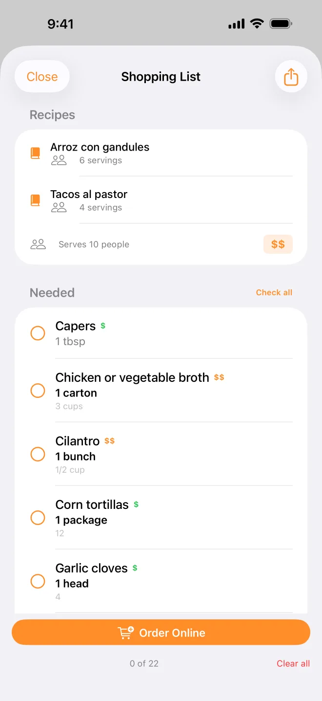 The shopping list, combining tacos al pastor and arroz con gandules plus the equipment they need.