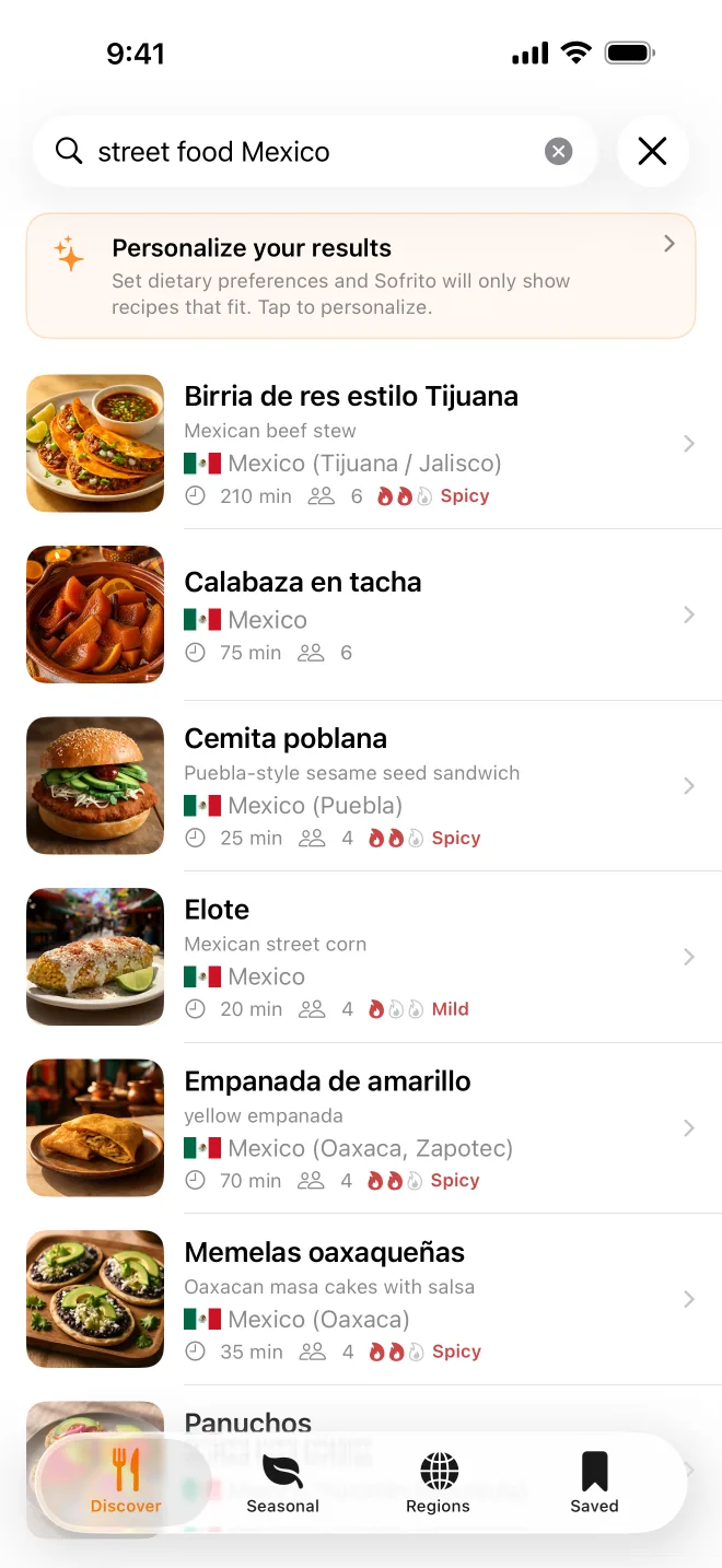 A search for “street food Mexico” listing Mexican street dishes.