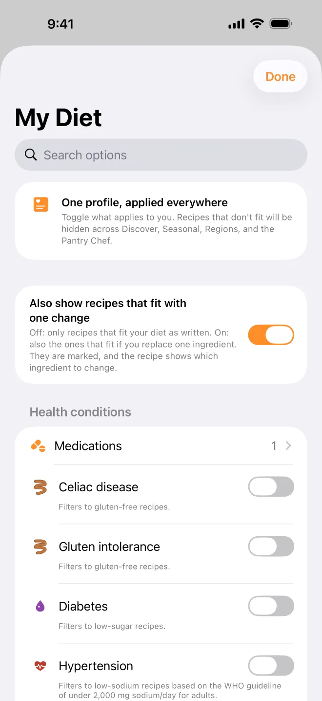 The My Diet screen: every filter with a plain explanation of what it hides.