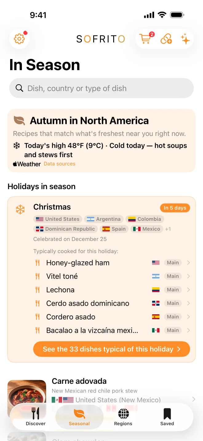 The Christmas card on the Seasonal tab: its date, the countries celebrating it and a button to its typical dishes.