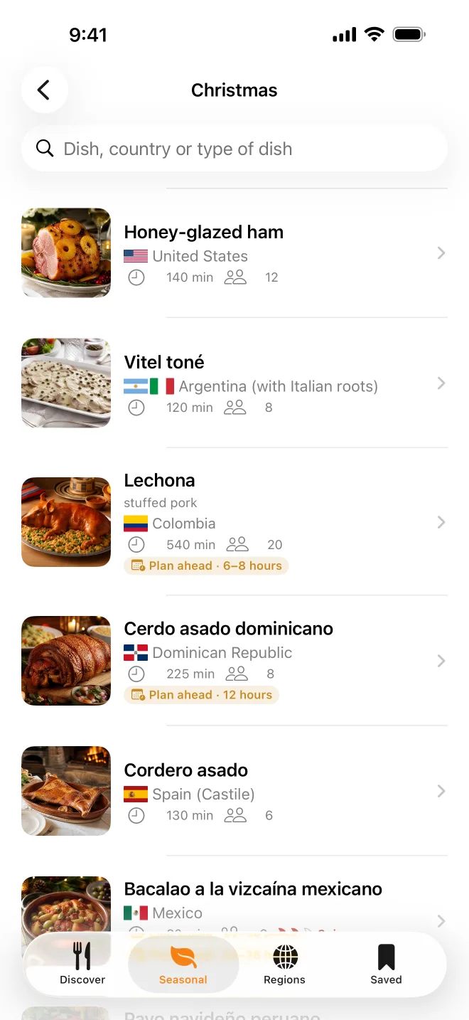Christmas dishes from several countries, each under its flag.