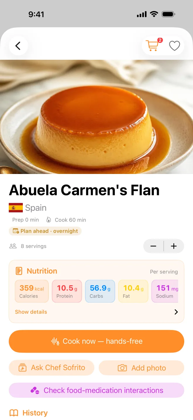 The flan from that card as a finished recipe: photo, times, servings and its nutrition.