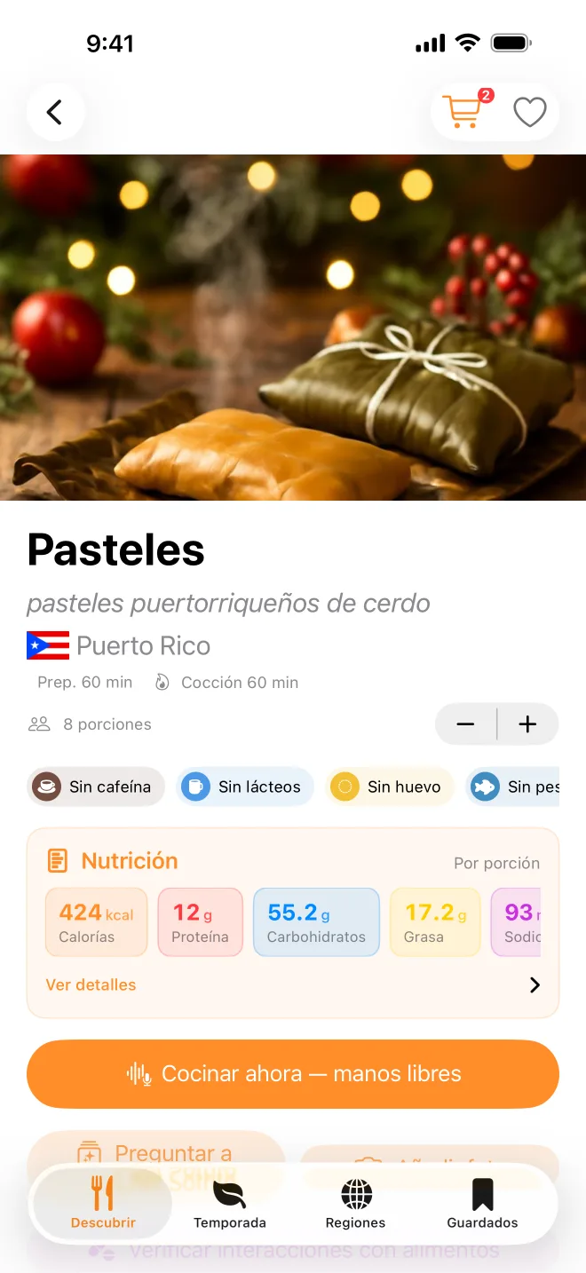 La receta de pasteles de Puerto Rico, con la descripción sencilla «pasteles puertorriqueños de cerdo» bajo su nombre.