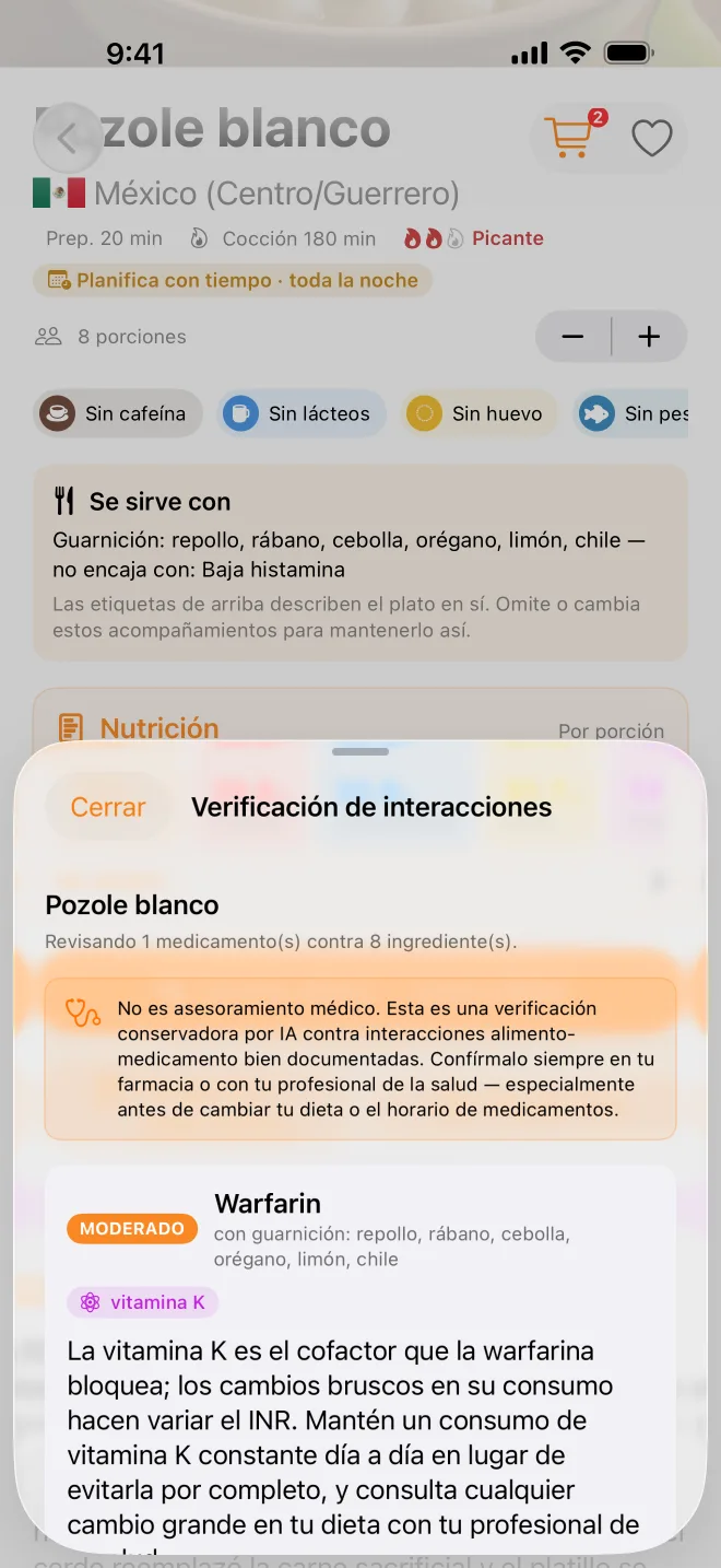Una revisión de medicamentos que advierte que el repollo del pozole blanco puede interactuar con la warfarina.