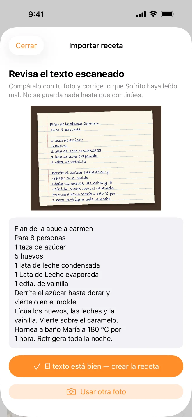 La pantalla de revisión al importar: una tarjeta de flan escrita a mano junto al texto que Sofrito leyó.