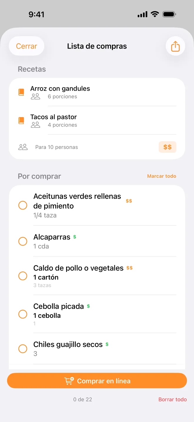 La lista de compras, que combina tacos al pastor y arroz con gandules con el equipo que necesitan.