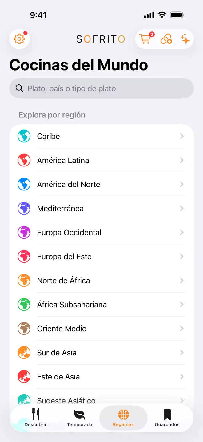 La pestaña Regiones: las regiones culinarias del mundo, cada una con cuántas recetas tiene.