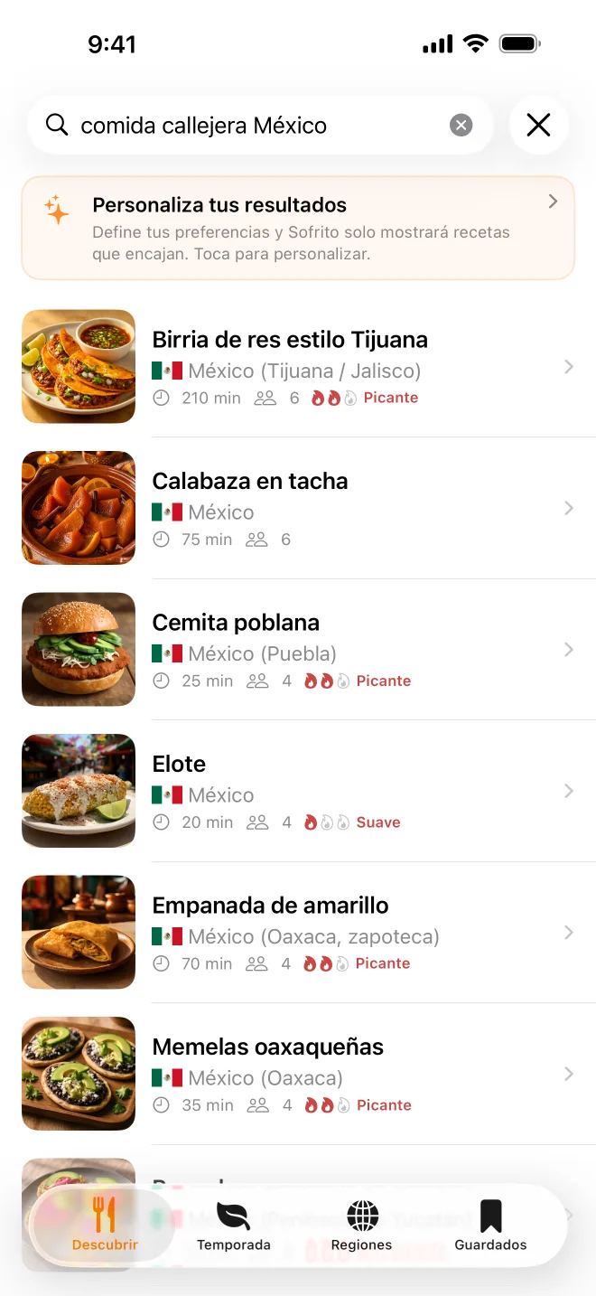 Una búsqueda de «comida callejera México» con platos callejeros mexicanos.