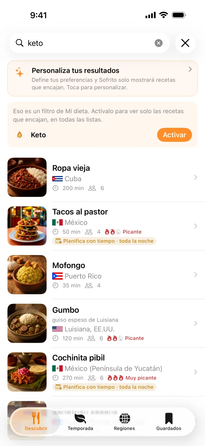 Al escribir «keto» en la búsqueda, Sofrito ofrece activar el filtro keto.