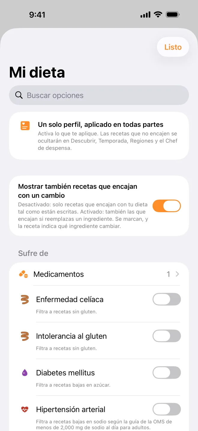La pantalla Mi dieta: cada filtro con una explicación sencilla de lo que oculta.