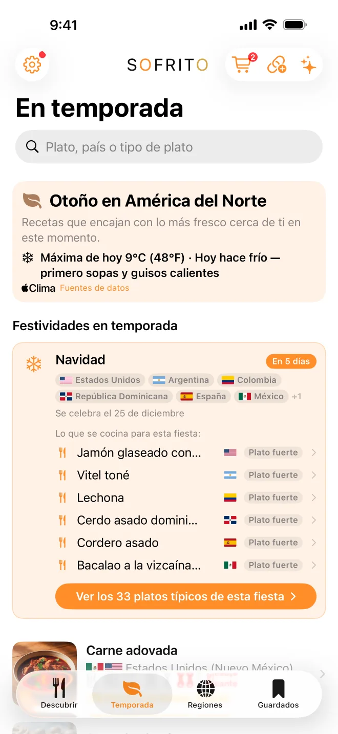 La tarjeta de Navidad en la pestaña Temporada: su fecha, los países que la celebran y un botón a sus platos típicos.