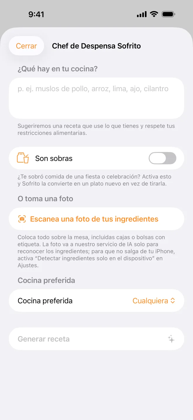 El Chef de despensa: toma o elige una foto de lo que tienes, elige una cocina y márcalo como sobras si lo es.