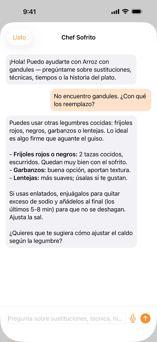 El Chef Sofrito respondiendo con qué reemplazar los gandules del arroz con gandules.