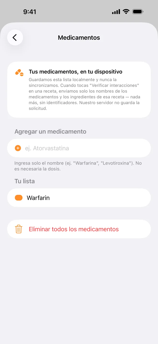 Tu lista de medicamentos, guardada en tu teléfono, con lo que se envía al revisar una receta.
