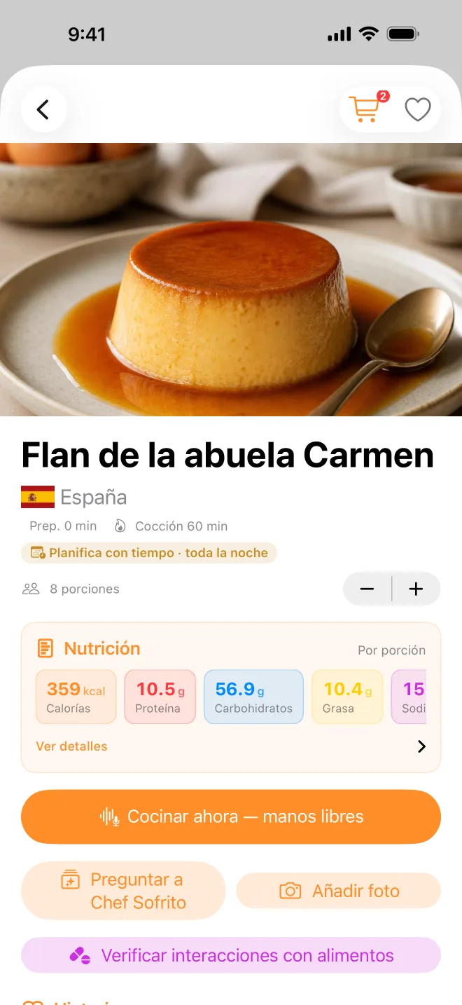 El flan de esa tarjeta como receta terminada: foto, tiempos, porciones y su información nutricional.