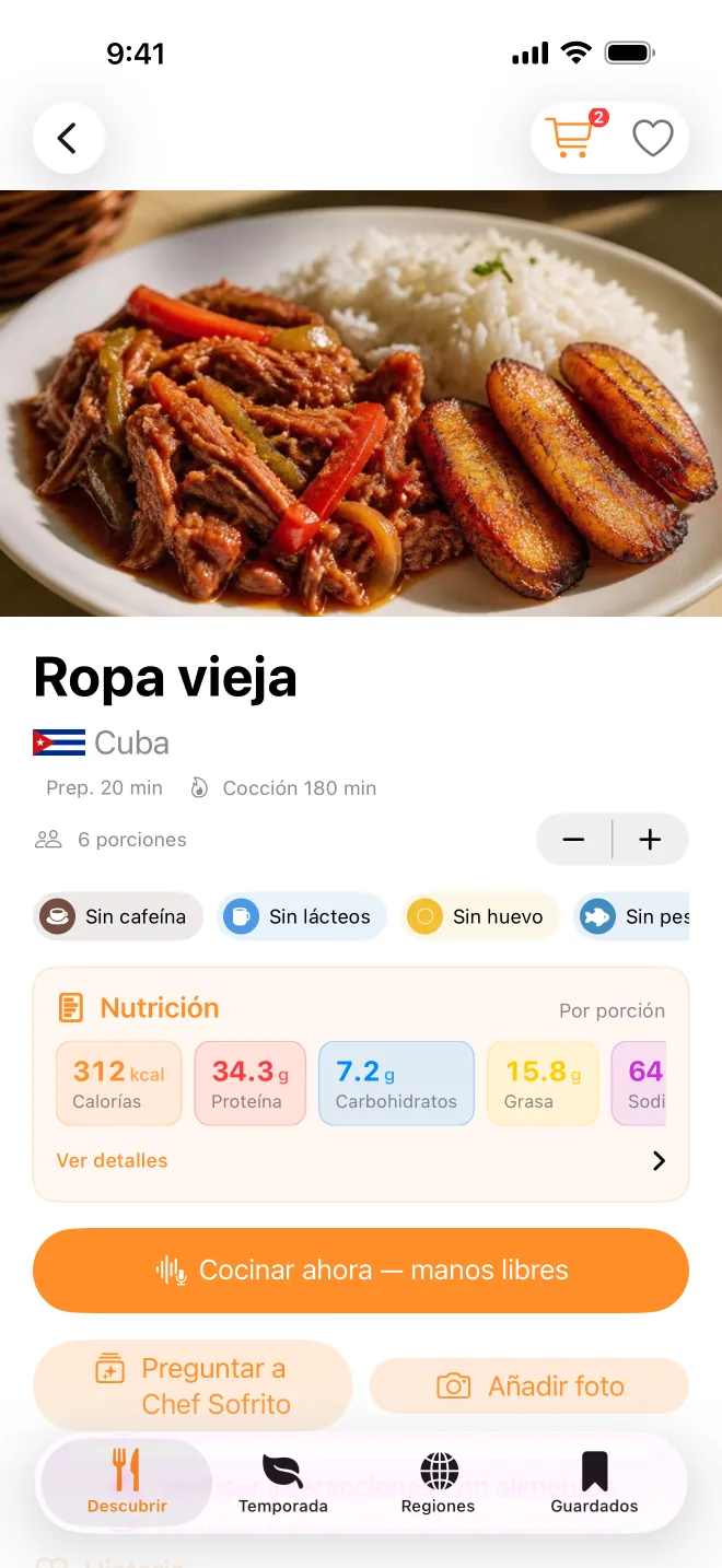 The ropa vieja recipe in Spanish.